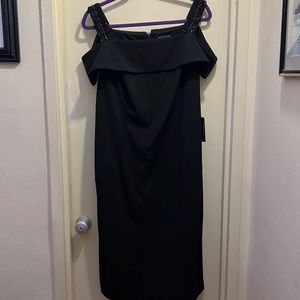 NWT Adrianna Papell black crepe off shoulder cocktail dress